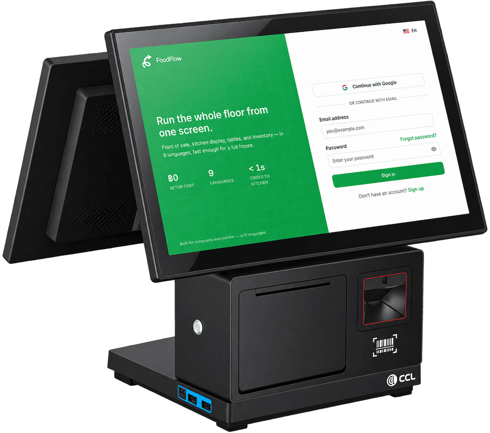 The FoodFlow all-in-one terminal: a touchscreen showing the FoodFlow sign-in, a second customer-facing screen behind it, and a receipt printer and barcode scanner built into the base.